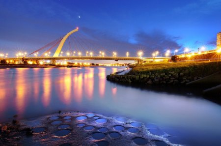 dazhi bridge in taipei city at night - river, shore, lights, city, bridge