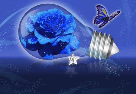 â™¥      ~*~*~   Blue DREAM   ~*~*~     â™¥ - 3d and cg, rose, blue rose, diamond, star, butterfly, abstract, blue, flower