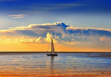 Sailing - boat, splendor, sailboats, sailing, view, ocean waves, sky, clouds, beautiful, sea, beauty, colors, lovely, ocean, boats, nature, sunset, sailboat, peaceful