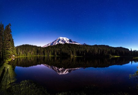 Peaceful Place - beauty, sky, early morning, trees, peaceful, water, mountains, path, view, reflection, clouds, tree, morning, stars, lake, landscape, lovely, nature, pathway, star, woods, forest, beautiful, splendor