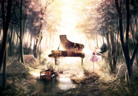 Alone In the Forest - piano, girl, dancing, chair