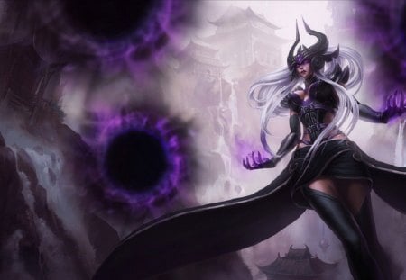 League Of Legends - Syndra - blackholes, purple, pink, black, game, girl, white, fighter, fantasy, magic, syndra, lol, castle, league of legends, woman