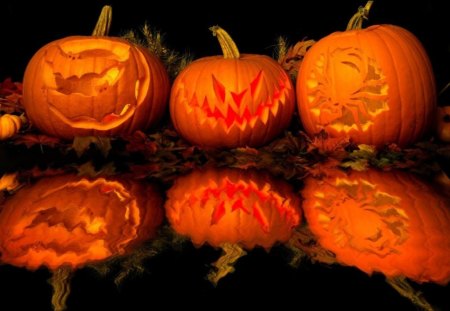 REFLECTING ON HALLOWEEN - reflections, spooky, water, pumpkins, celebrating, jack o lanterns, holidays