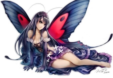 Kuroyukihime - butterfly, girl, kuroyukihime, long hair, wings, aanime