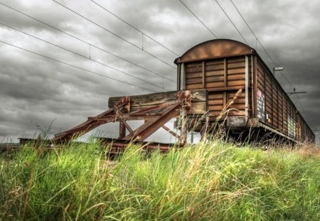 Old Waggon - sky, buffer, clouds, grass