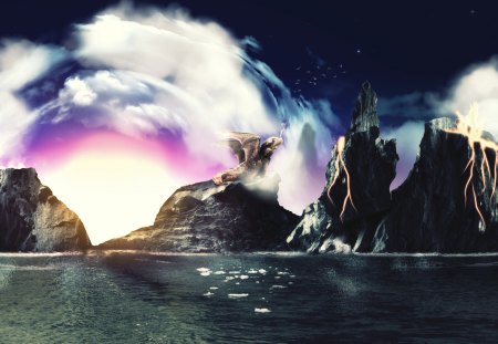 Digital Nature - cgi, water, rainbow, rock, colors, mountain, sky