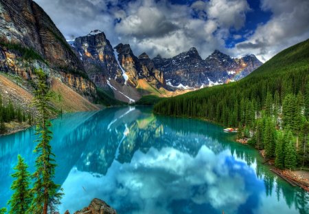 Crystal mountain lake - calm, summer, blue, canoes, reflection, crystal, calmness, shore, view, lake, nice, sky, clouds, greenery, trees, water, beautiful, mirrored, lovely, peaks, slopes, boats, river, nature, clear, serenity, rocks