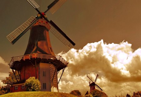 Windmills - nice, sky, countryside, summer, mill, lovely, wind, nature, view, beautiful, clouds, windmill