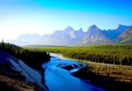 MOUNTAIN RIVER FLOW - slopes, river, nature, landscape, forest, mountain, sun, sky