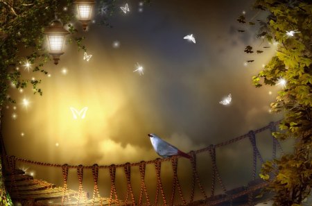 Bird on Rope Bridge - sky, autumn, trees, eerie, mist, fall, evening, dragonfly, bridge, papillon, butterflies, light, night, summer, bird, glow, butterfly, leaves, twilight, fog, lights, amber