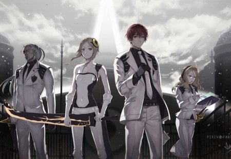 Anime - white, headphones, suit, anime, sword