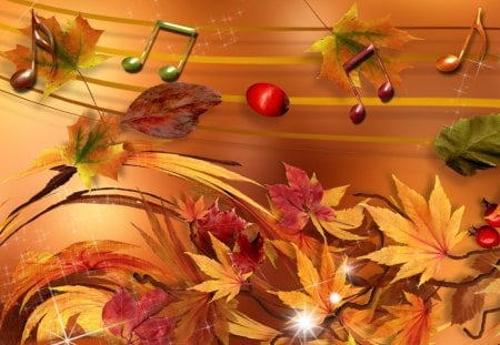 Melody of Autumn - autumn, music, shine, wind, fall, orange, stars, light, notes, berries, sparkle, gold, bright, maple, leaves, breeze, musical, bronze, amber