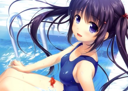 Swimsuit - swimsuit, water, long hair, anime, cute, pool