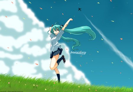 Anime girl - cloud, jump, anime, girl, grass