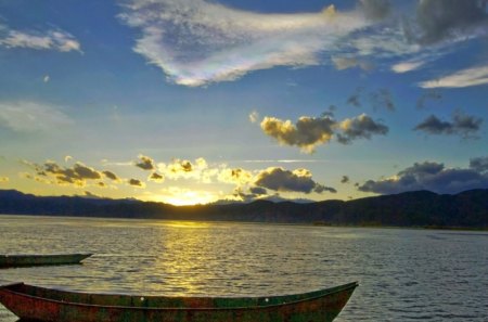 POR DO SOL & BARCO - sol, barco, natureza, rio, nuvens