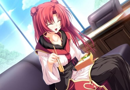 Elda Finis Victoria - anime, anime school girl, anime girl, red, food, magus tale, elda finis victoria