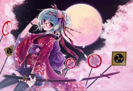 Sword Girl - moon, sky, trees, swords, anime