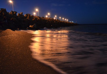 night at black sea - sea, night, light, beach