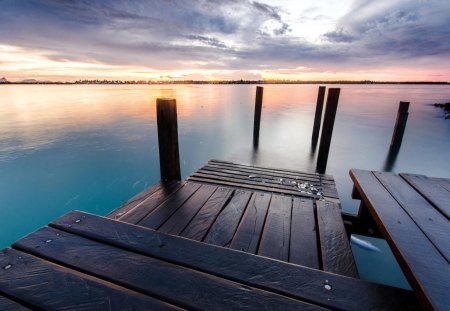 Sunset - splendor, sunrise, reflection, view, lake, clouds, water, skt, beautiful, sea, beauty, colors, lovely, ocean, pier, wooden, nature, sunset, peaceful