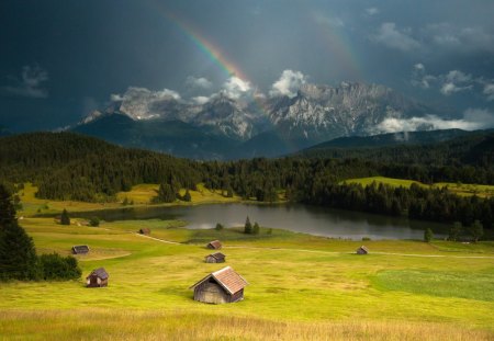 Beautiful Place - summer, wallpaper, rain, cottages, grass, sun rays, rainbows, river, field, mountain, stormy, mountains, meadow, valleys, landscape, slope, pathway, country, peaceful, shore, rainbow, storm, clouds, lovely, landscapes, woods, colors, calm, forest, beautiful, village, cabin, view, tree, nature, paradise, path, pretty, popular, water, valley, beauty, sky, lake, houses, nice, splendor, house, trees, green