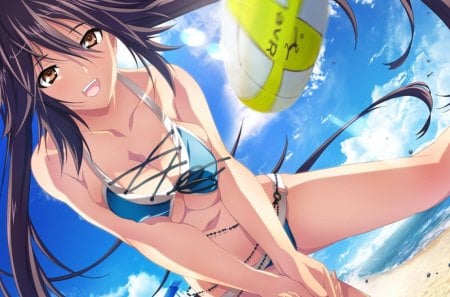 Hikaru Midoukane - anime, anime girl, summer, blue, beach, sea, sand, material brave, hikaru midoukane, volleyball, sky