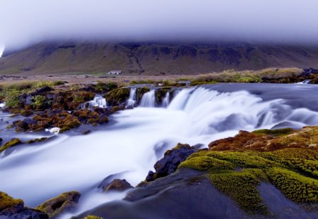 RIVER FALLS - mountain, river, flow, house, mist