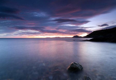 Seascape - splendor, sunrise, reflection, purple sunset, purple, view, purple sky, sky, clouds, beautiful, sea, beauty, lovely, ocean, stones, nature, sunset, seascape, peaceful, rocks