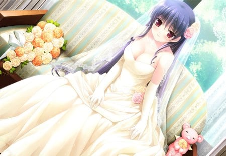 The bride - veil, wedding, pretty, anime, bride, flowers, lovely, gown