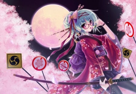 Katana Moon - sky, female, hot, glasses, thighhighs, katana moon, anime girl, cherry blossom, holding, road sign, cool, full moon, katana, food, ribbon, sword, hair omament, moon, sexy, sign, night, hair bow, black legwear, eyebrows, fang, bow, blush, japanese clothes