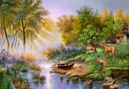 River - painting, nature, horses, trees, river, greenery