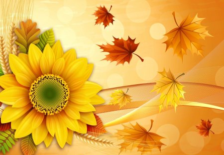 Autumn Breezes Blowing - acclimate, fleurs, leaves, grass, sunflower, wheat, bright, gold, blowing, autumn, acclimatize, fall, adapt, daisiy, wind, flowers, season, maple, bokeh, color, adjust