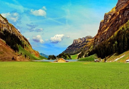 Mountain houses - nice, sky, greenery, cottages, rocks, pretty, clouds, green, grass, houses, fresh, mountain, hills, lovely, slopes, peaks, cabins, nature, blue, beautiful