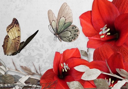 Red Flower Vintage Look - dry, old-time, antique, old-world, old-timey, old-school, vintage, retro, butterflies, dried grass, papillon, oldfangled, wild flowers, quaint, retrograde, butterfly, fleurs, leaves, paper, old fashion, flowers