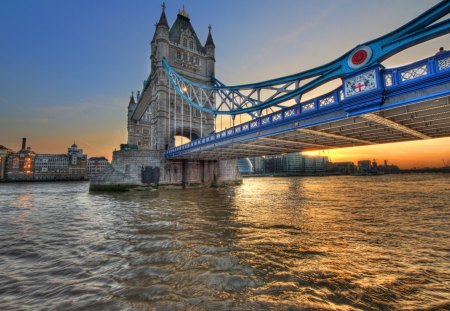 London - beauty, sky, peaceful, water, sunset, tower, bridhe, view, reflection, clouds, river, architecture, hdr, bridge, england, building, london, thames river, buildings, lovely, nature, blue, beautiful, city, splendor, colors, rive, sunrise