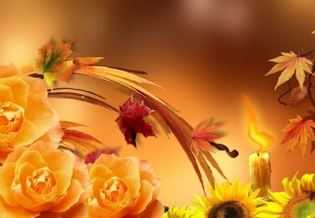 Fall Flame - breeeze, autumn, candle, sunflowers, roses, light, wind, gold, flame, fall, fleurs, yellow, leaves, orange, amber, bronze