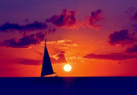 SUNSET SAILING - clouds, moon, sailing, sunset, ocean