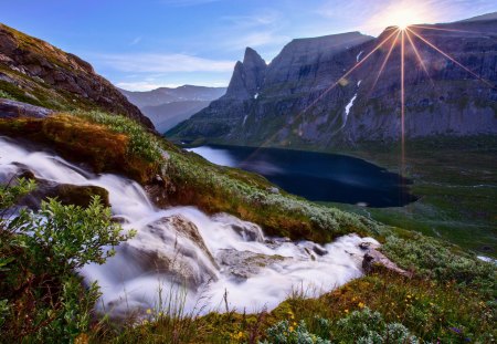 Lovely View - beauty, sky, trees, paradise, peaceful, sun, water, mountains, sunset, waterfall, rocks, fall, view, clouds, river, sunrays, tree, grass, rays, sunbeams, lake, landscape, sunlight, waterfalls, slopes, lovely, nature, blue, beautiful, splendor, sunrise