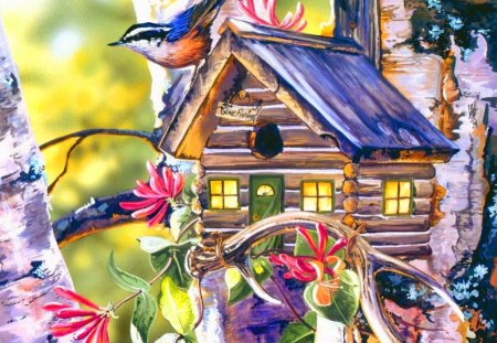 Birds home - house, branches, blossoms, birds, summer, home, tree, flowers, colorful, painting, fairy tale