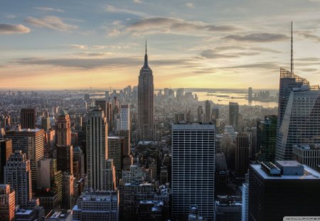 aerial view of the empire state building - clouds, river, city, bridge, skyscrapers