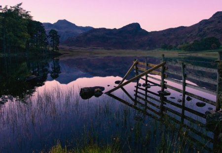 beautiful lake at dusk - stone, lake, wooden gate, forest, wall