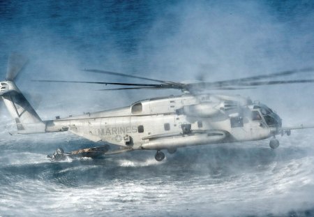 CH 53e dispatching marines at sea - helicopter, sea, boat, mist