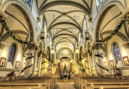 church at christmas hdr - christmas, arches, benches, church, tree