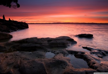 fishing at dusk - fishing, shore, dusk, sea, rocks