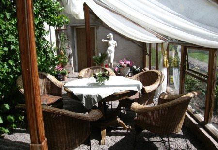 Relaxing Place - cloth, staue, table, plant, flowers, chairs