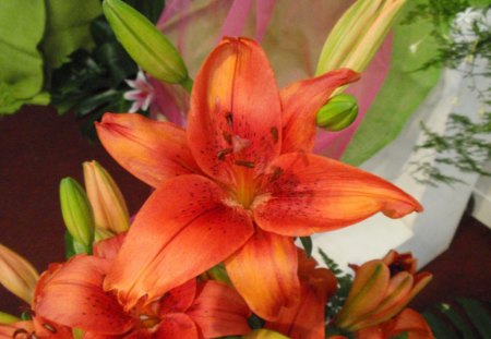 LILY BOUQUET - lilies, bouquets, red, orange, flowers, gardens