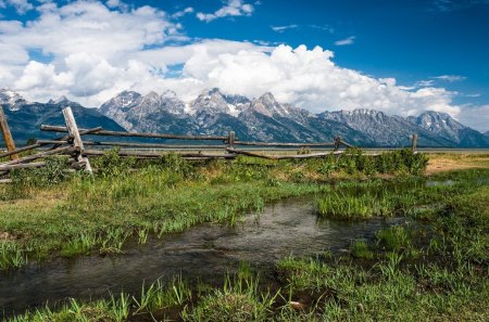 golden teton meadows - mountains, brook, fence, clouds, medow