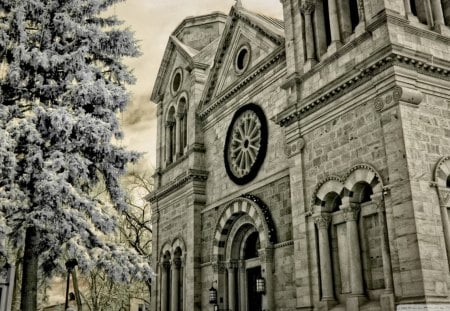 beautiful old church - monochrome, tree, church, clouds