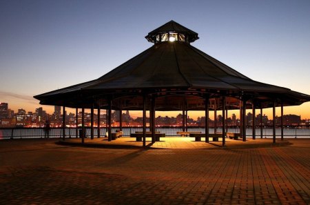 cityscape from staten island gazebo - city, harbor, gazebo, sunset