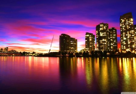 vancouver sunset - sky, lights, city, bay, sunset, colors