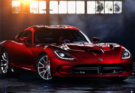 dodge srt viper - red, indoor parking, car, sunset